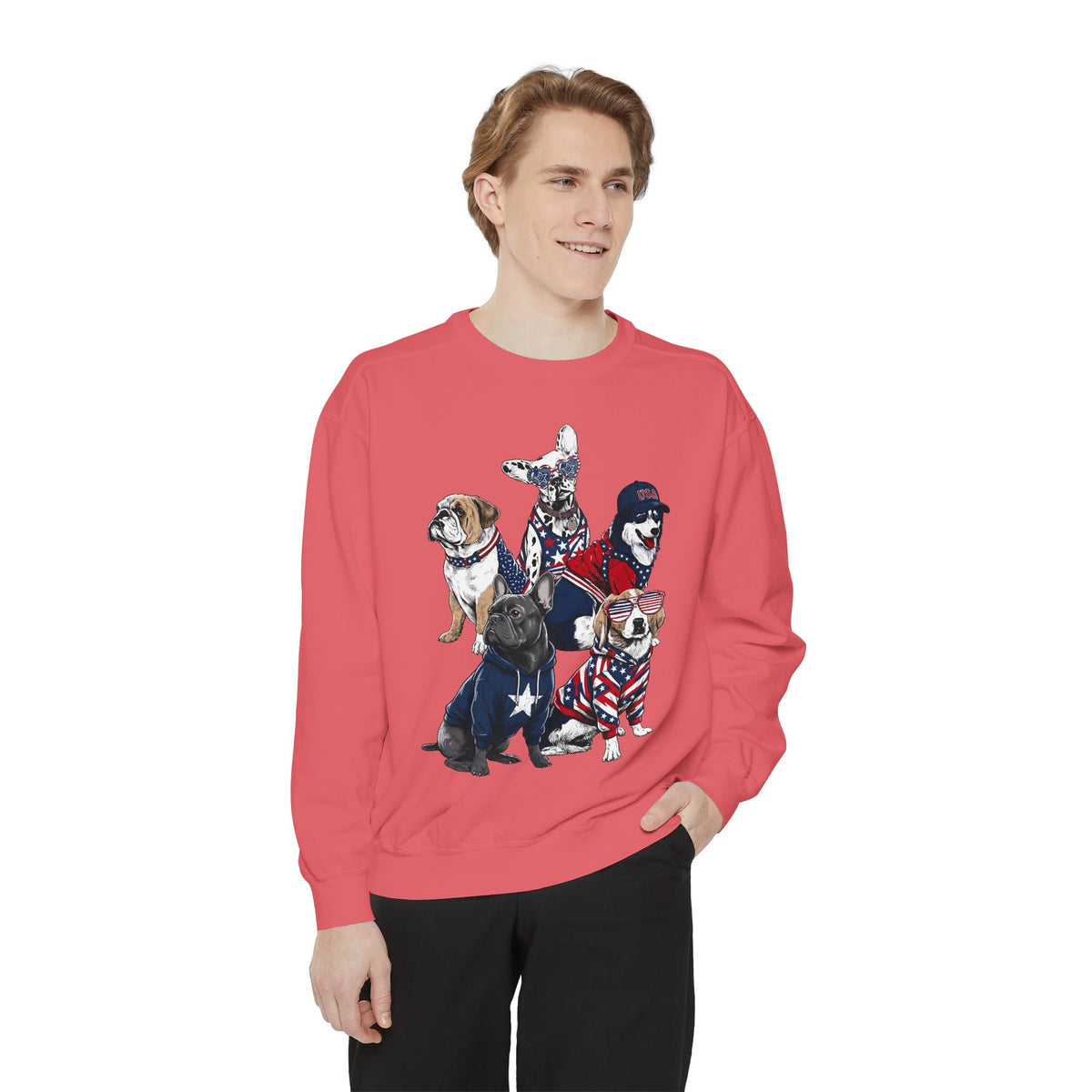 Patriotic Dog Lover Comfort Sweatshirt, USA Dogs Crewneck Sweatshirt, Fourth of July Pet Lover Gift, American Flag Puppy Sweatshirt
