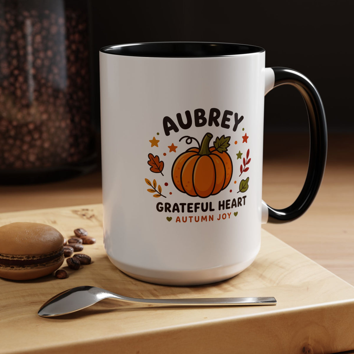 Personalized Pumpkin Name Mug, Custom Aubrey Fall Coffee Cup, Grateful Heart Autumn Gift for Her, Thanksgiving Birthday Keepsake Gift
