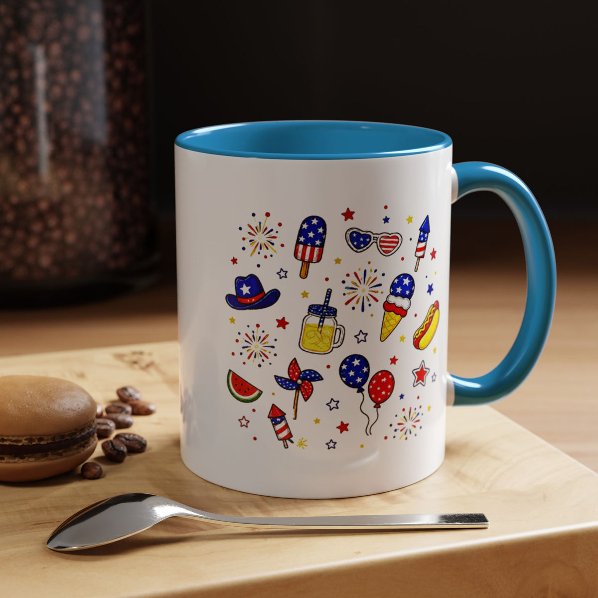 Patriotic Summer Celebration Mug, Fourth of July Coffee Mug, Americana Fireworks Cup, Red White Blue Holiday Gift