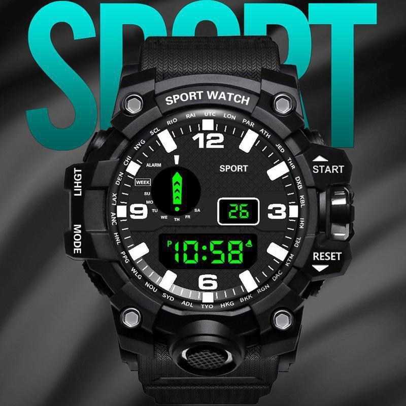 Black rugged digital watch with world time city codes around the dial, black silicone strap