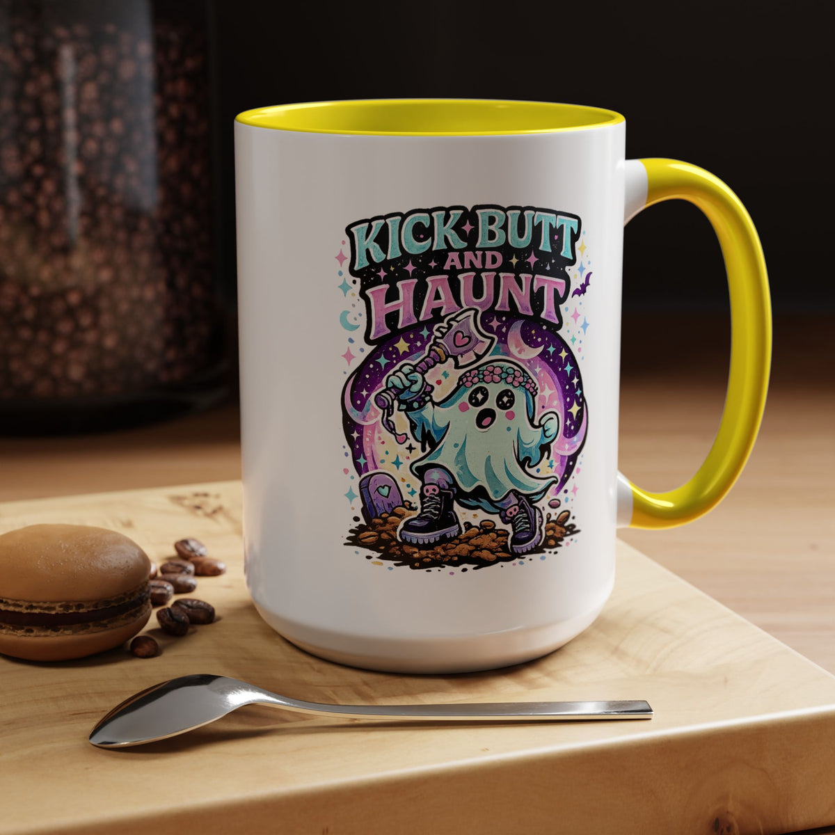 Kick Butt and Haunt Mug, Cute Pastel Ghost Black Accent Coffee Cup, Unique Funny Halloween Gift for Her, Spooky Bestie or Pastel Goth