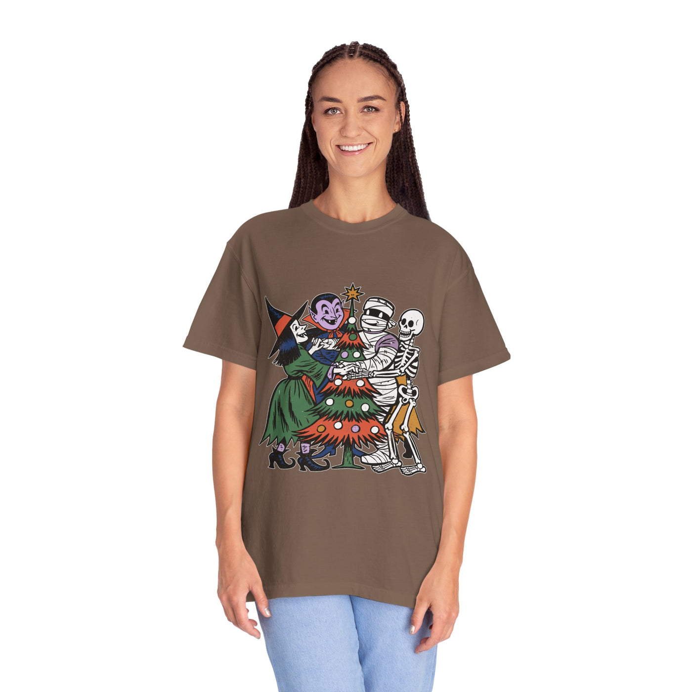 Spooky Christmas Shirt, Halloween Holiday Mashup T-Shirt, Witch Vampire Mummy and Skeleton Tree Tee, Gothic Christmas Gift for Horror Fan
