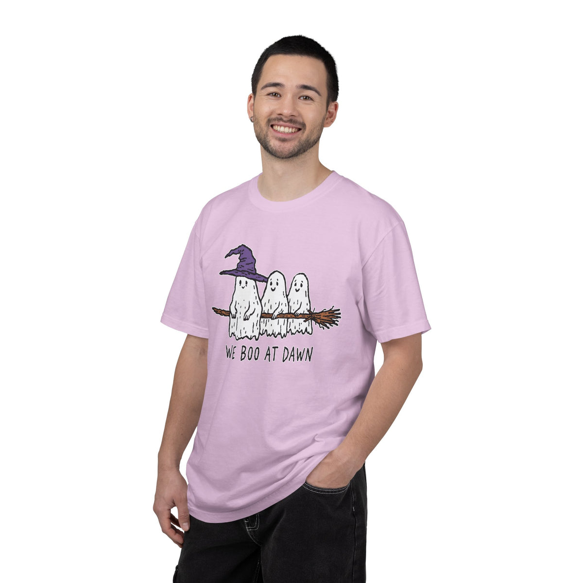 We Boo at Dawn Ghost Shirt, Funny Halloween Witch Broom Graphic Tee, Cute Spooky Season Gift for Friends and Ghost Lovers, October Outfit