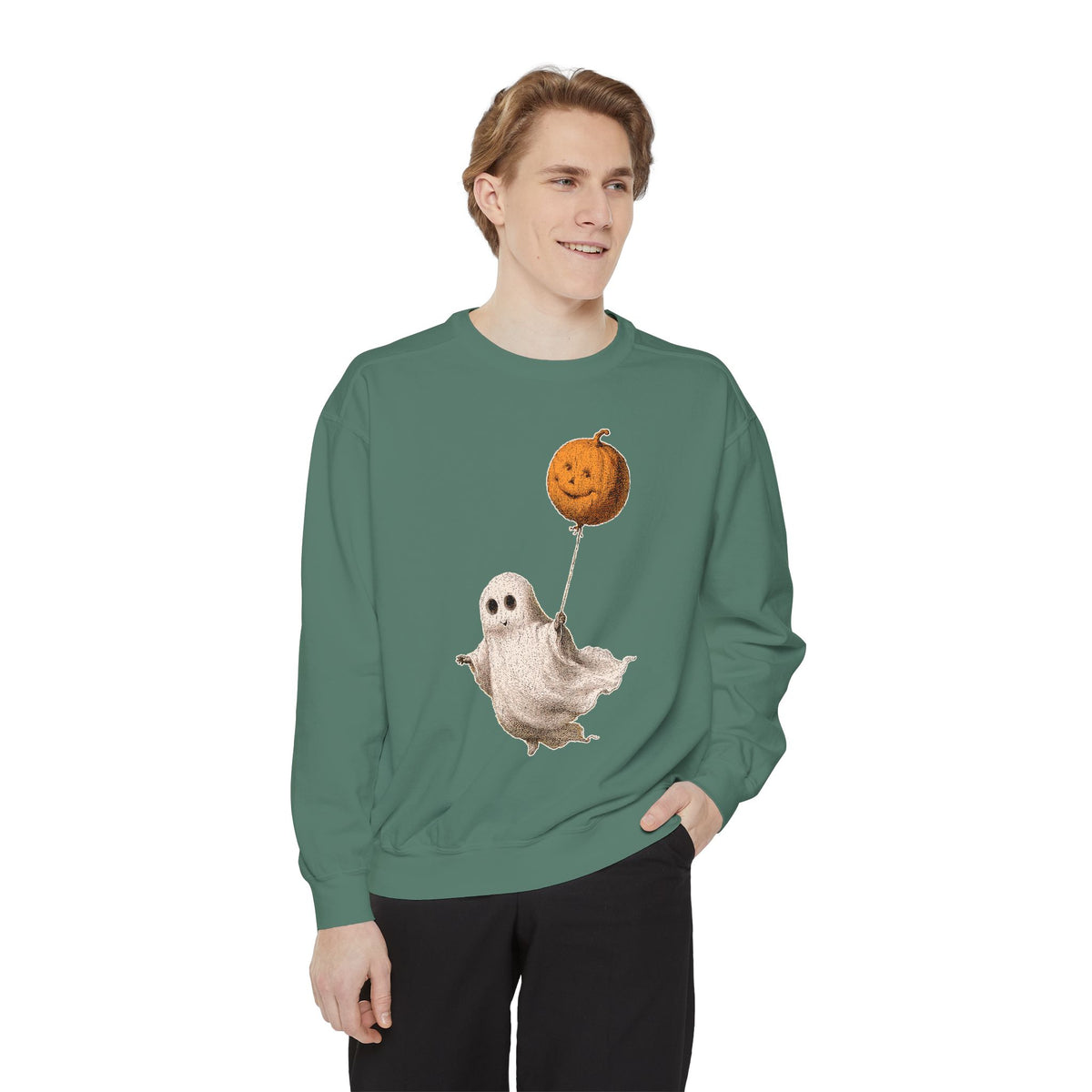 Cute Ghost Halloween Sweatshirt, Pumpkin Balloon Pullover, Vintage Spooky Season Gift for Women, Cozy October Fall Outfit for Ghost Loversv