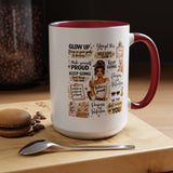 Glow Up Affirmations Coffee Mug, Girl Boss Self Care Gift for Her, Cute Messy Bun Aesthetic Motivational Ceramic Tea Cup with Pink Handle