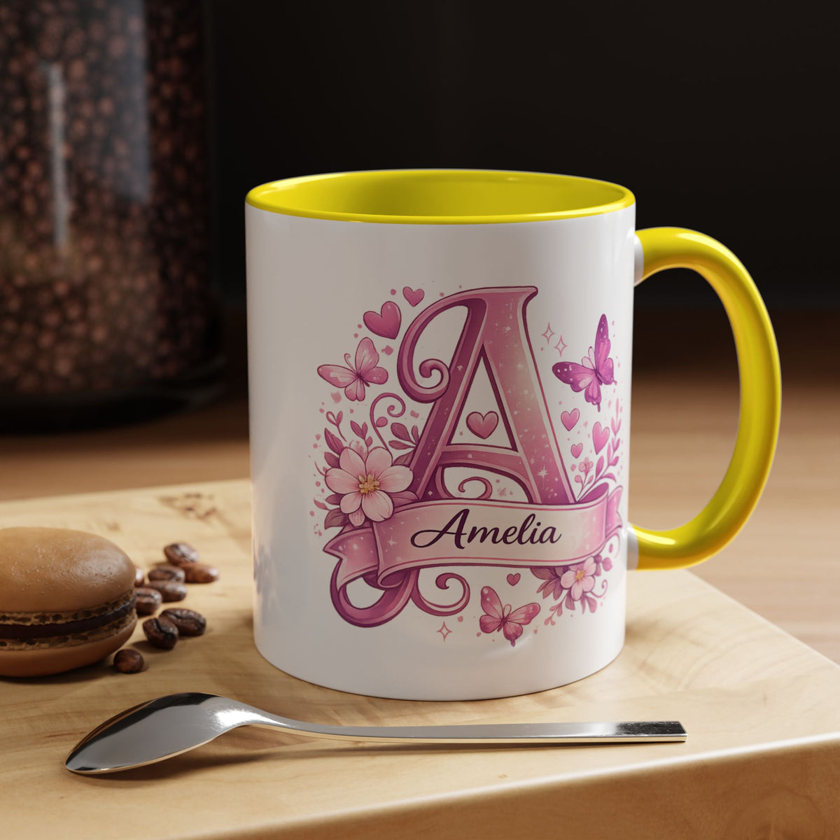 Personalized Butterfly Initial Mug, Custom Name Coffee Mug for Girls and Women, Floral Monogram Cup, Pink Aesthetic Gift, Custom Letter Mug