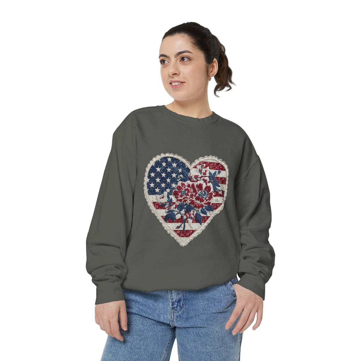Patriotic Floral Heart Comfort Sweatshirt, American Flag Heart Crewneck, Fourth of July Sweatshirt, USA Gift for Women