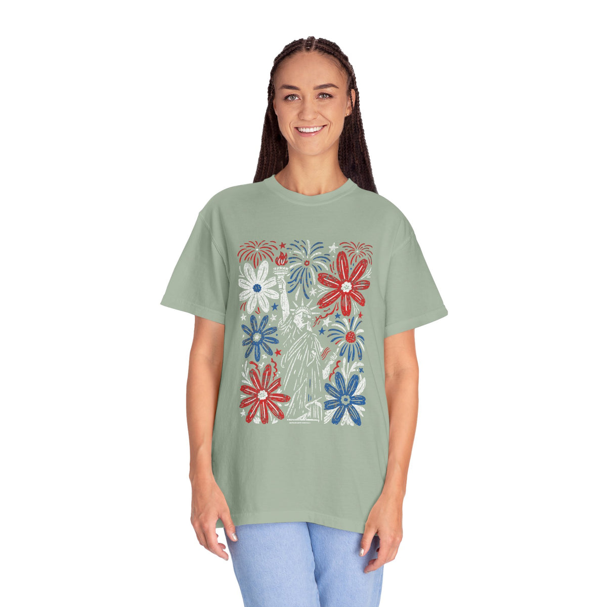 Patriotic Fireworks Shirt, Red White Blue Flower Graphic Tee, Americana T Shirt, Fourth of July Outfit, Vintage USA Gift for Women