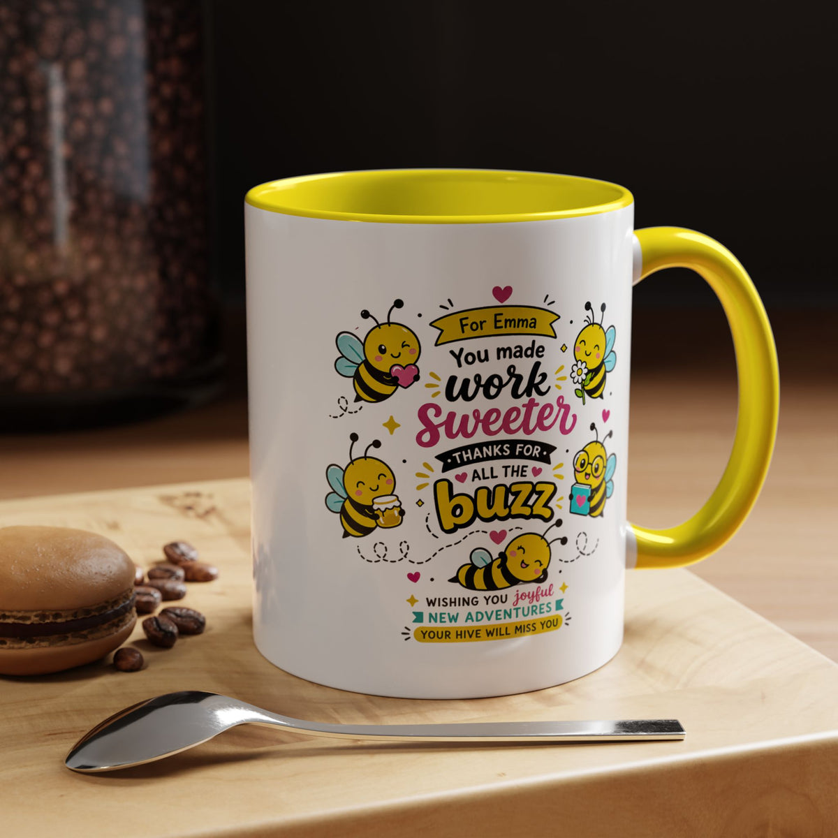 Personalized Coworker Farewell Mug with Name, You Made Work Sweeter Coffee Cup, Leaving Gift from Team, New Job Bee Office Keepsake