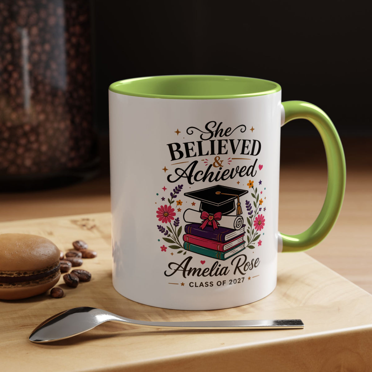 Personalized Graduation Mug for Her, She Believed and Achieved Coffee Cup, Custom Name Class of 2027 Gift, Floral Graduation Keepsake