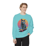 Retro Skateboard Cat Sweatshirt, Rainbow Sunglasses Kitty Crewneck, Funny Cat Lover Gift, Vintage Skater Graphic Cozy Pullover Top