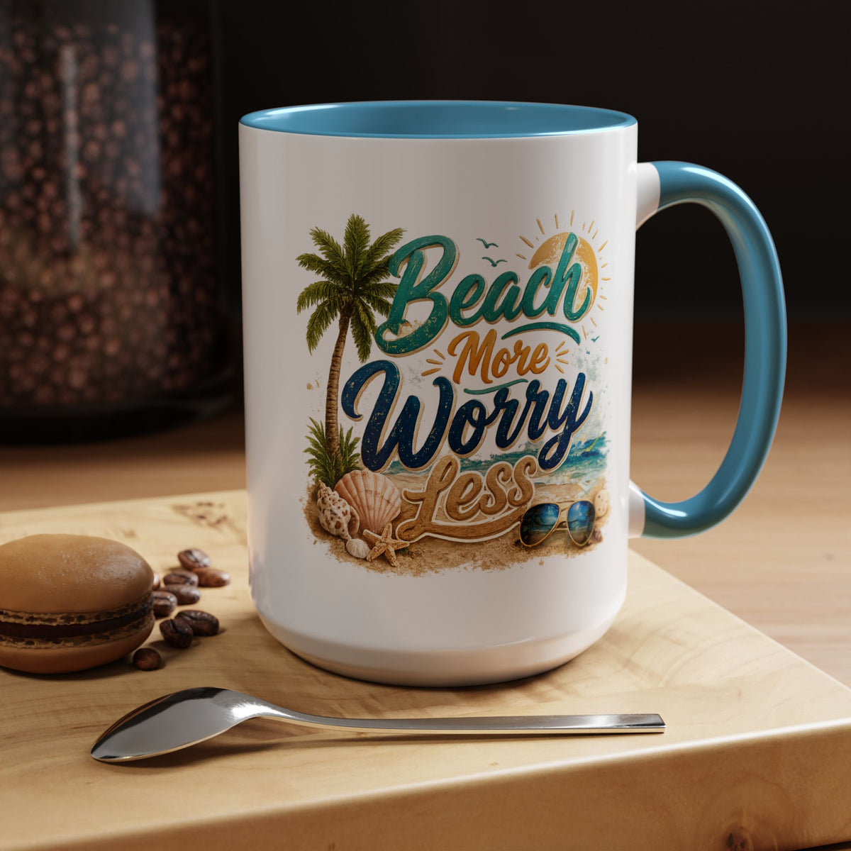 Beach More Worry Less Coffee Mug, Summer Vacation Gift for Ocean Lovers, Cute Tropical Palm Tree Ceramic Tea Cup with Dark Blue Handle