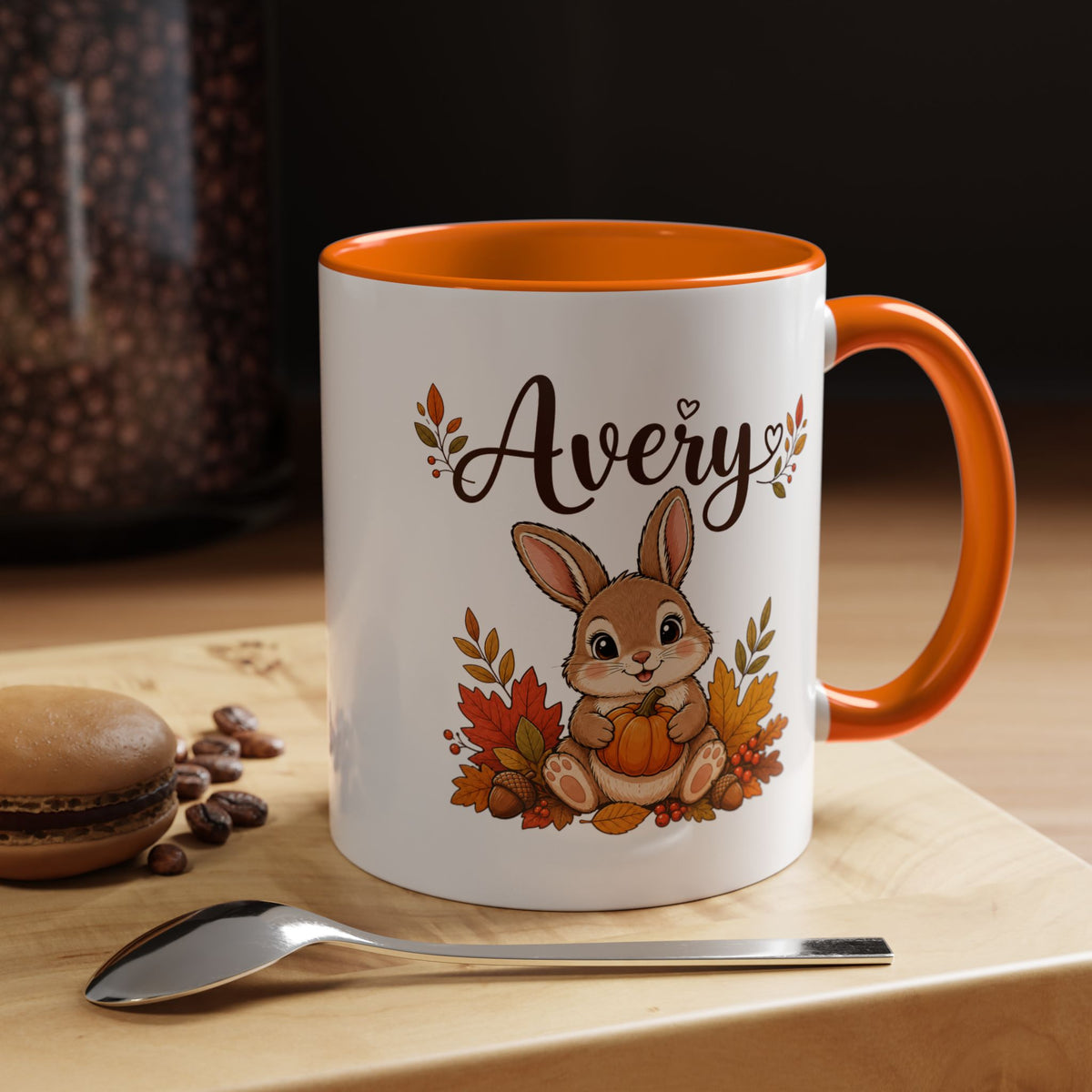 Personalized Bunny Mug with Name, Autumn Rabbit Coffee Cup, Cute Fall Woodland Gift for Daughter, Easter Basket or Birthday Keepsake