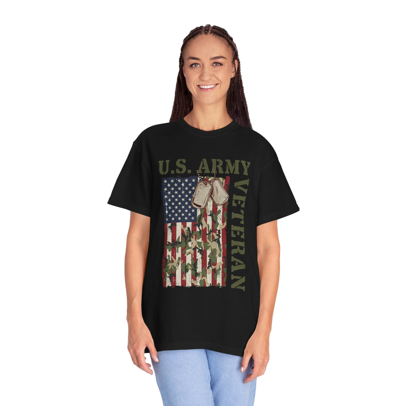 US Army Veteran Shirt, American Flag Camo T-Shirt, Military Dog Tag Tee, Patriotic Gift for Soldier, Retirement or Veterans Day Top