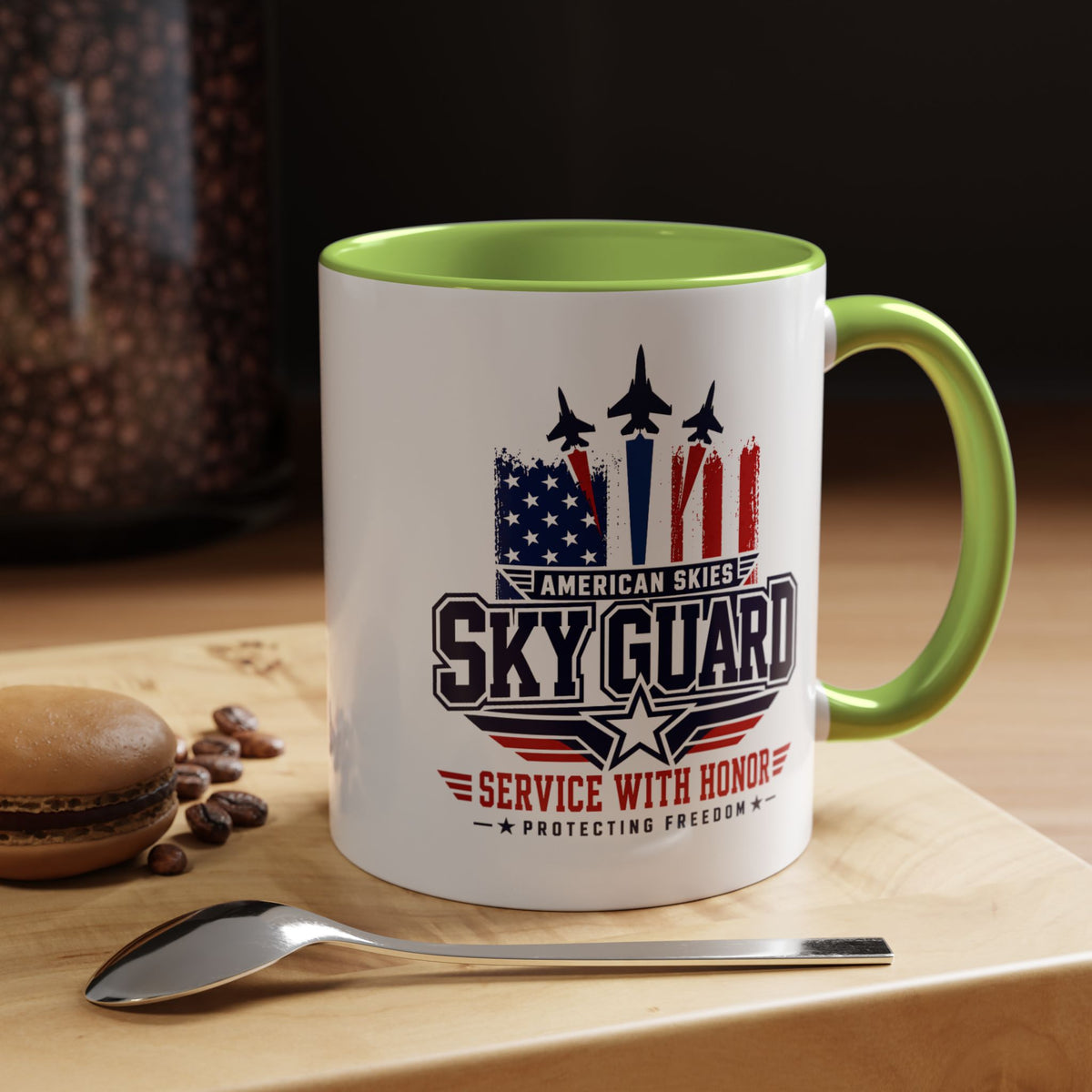 Military Aviation Coffee Mug, American Skies Skyguard Cup, Patriotic Fighter Jet Gift for Pilot, Veteran, Airman or Armed Forces Supporter