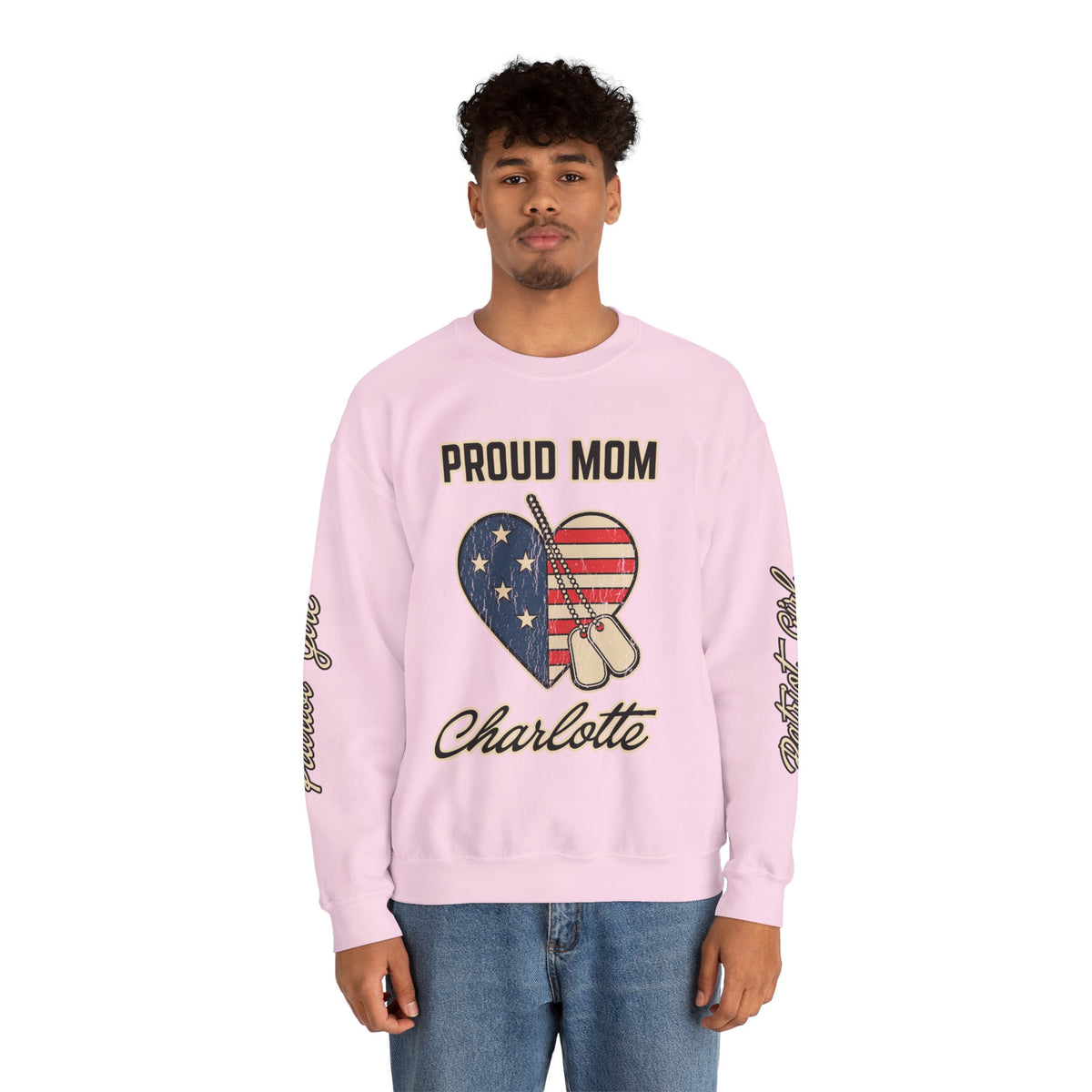 Personalized Proud Mom Sweatshirt, Custom Military Mom Pullover, American Flag Heart Crewneck, Military Mom Gift, Patriotic Mother Shirt