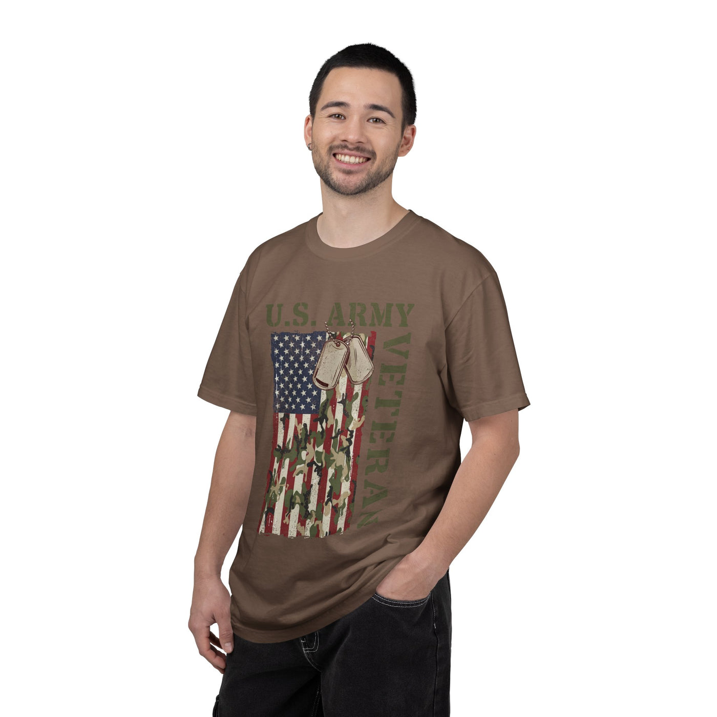 US Army Veteran Shirt, American Flag Camo T-Shirt, Military Dog Tag Tee, Patriotic Gift for Soldier, Retirement or Veterans Day Top