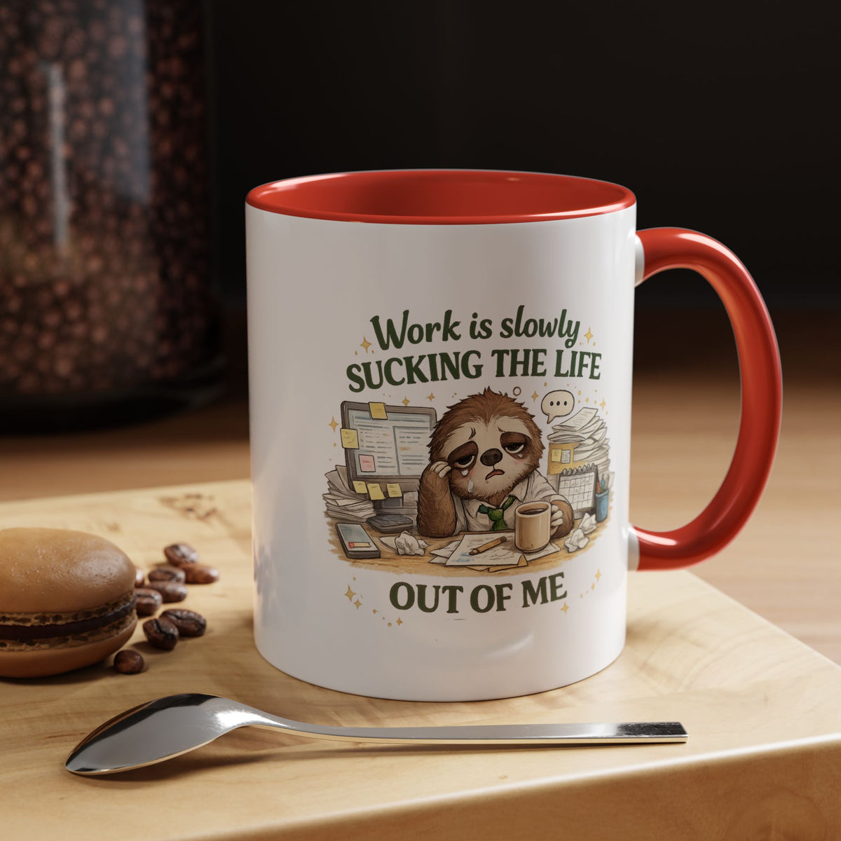 Work Is Slowly Sucking The Life Out Of Me Coffee Mug, Funny Sloth Office Joke Gift for Coworkers, Sarcastic Ceramic Tea Cup with Black Handle