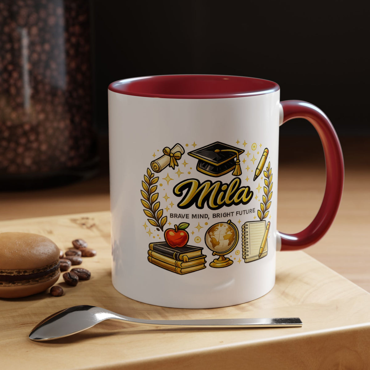 Personalized Graduation Mug for Her, Brave Mind Bright Future Coffee Cup, Custom Name Gift for Daughter, College or High School Graduate