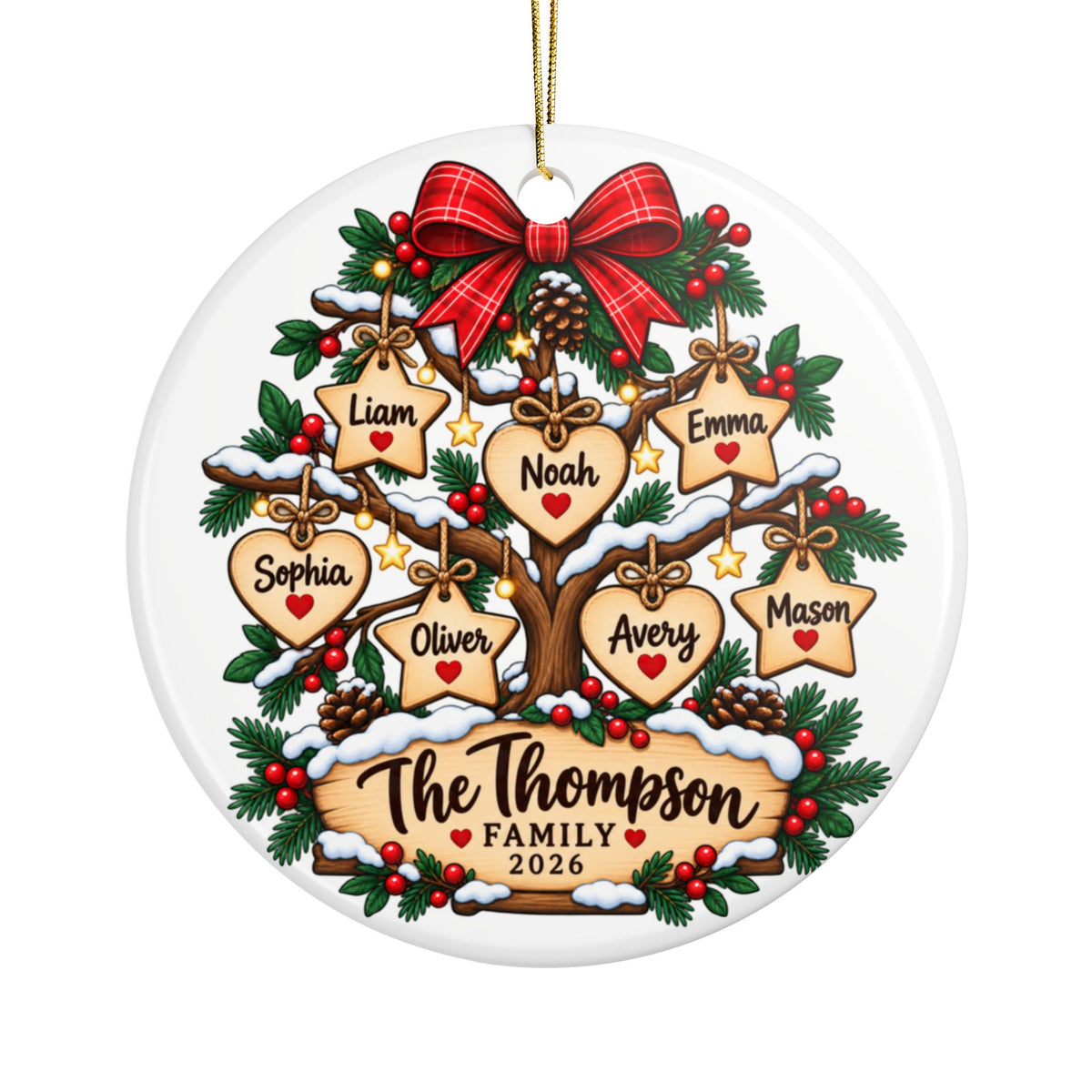 Personalized Family Tree Christmas Ornament 2026, Custom Names on Heart and Star Designs, Holiday Keepsake Gift for Parents and Grandparents