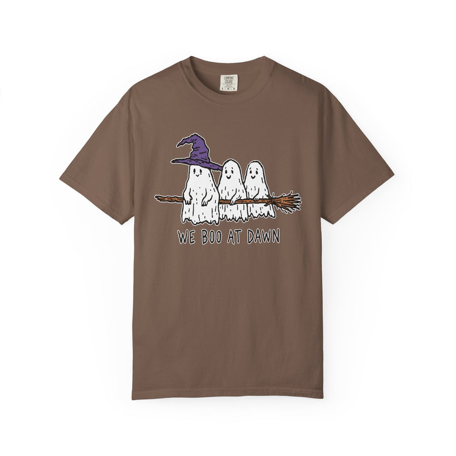 We Boo at Dawn Ghost Shirt, Funny Halloween Witch Broom Graphic Tee, Cute Spooky Season Gift for Friends and Ghost Lovers, October Outfit