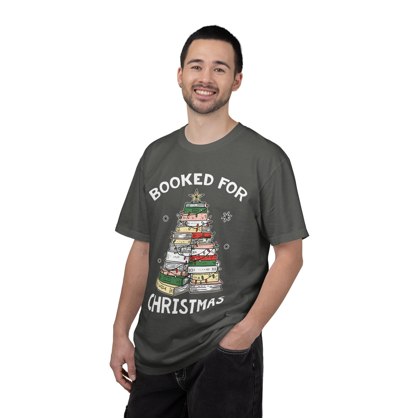 Booked for Christmas Shirt, Book Lover Holiday T-Shirt, Christmas Tree Books Tee, Cozy Reading Gift for Librarian, Teacher or Bookworm