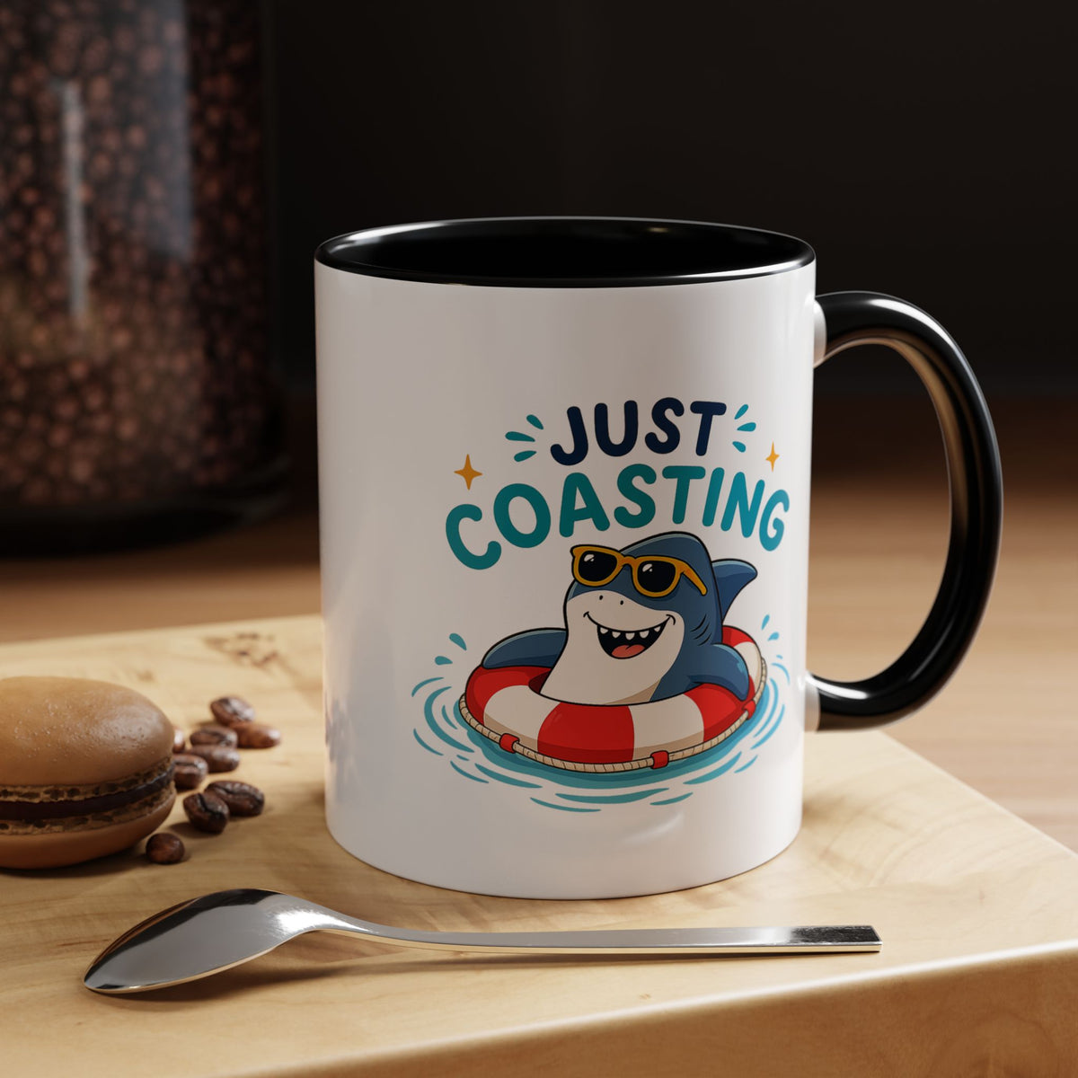 Funny Shark Coffee Mug, Just Coasting Shark Mug, Cute Beach Lover Coffee Cup, Relaxing Summer Vacation Gift for Shark Fans