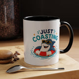 Funny Shark Coffee Mug, Just Coasting Shark Mug, Cute Beach Lover Coffee Cup, Relaxing Summer Vacation Gift for Shark Fans