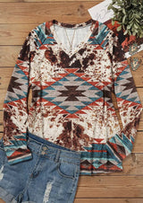 Spring and Autumn New Western European Denim Print Pullover V Neck Loose Sweater Womens Casual T Shirt
