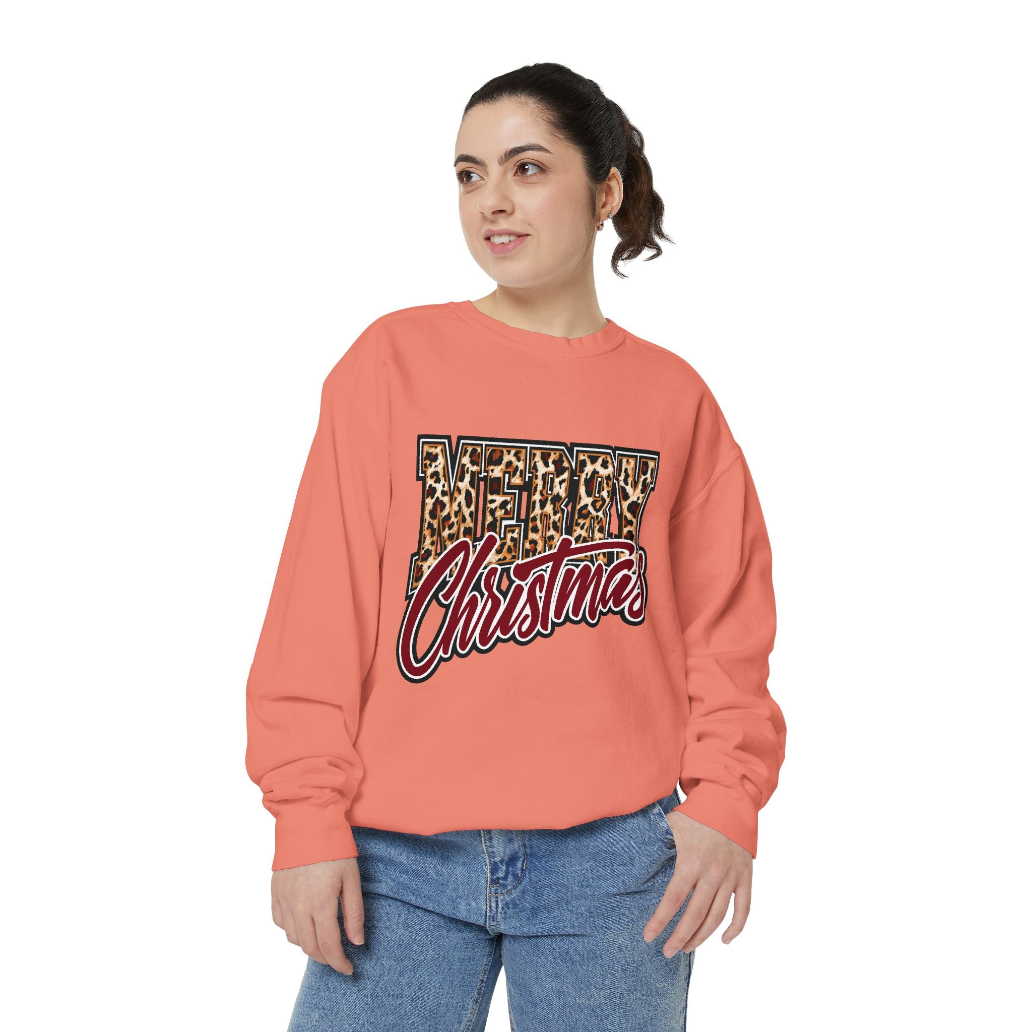 Merry Christmas Leopard Print Sweatshirt, Trendy Holiday Crewneck, Cheetah Lettering Pullover, Festive Gift for Women, Mom or Teacher
