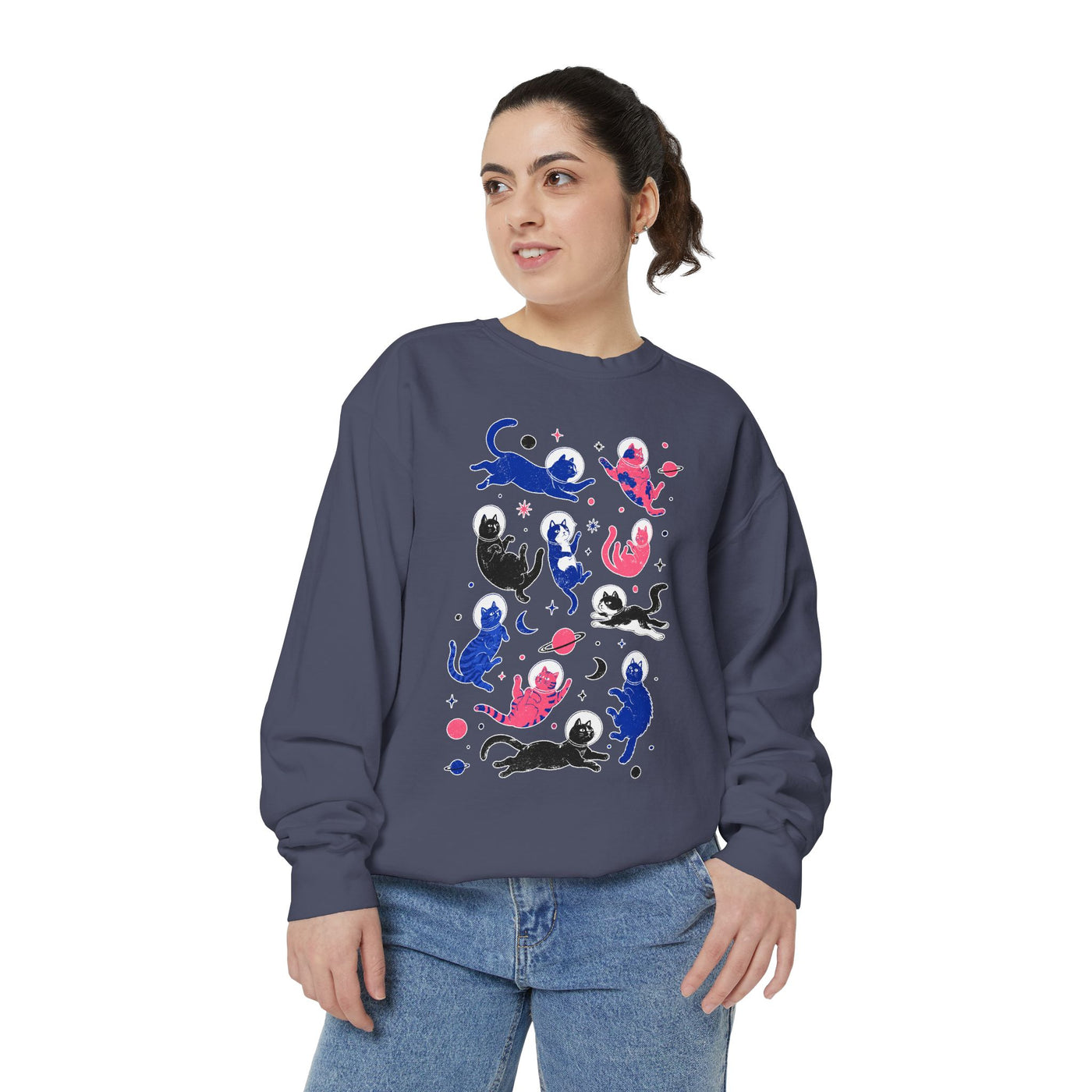 Space Cat Comfort Colors Sweatshirt, Astronaut Cat Graphic Crewneck, Galaxy Cat Lover Gift, Cute Cosmic Cat Sweatshirt
