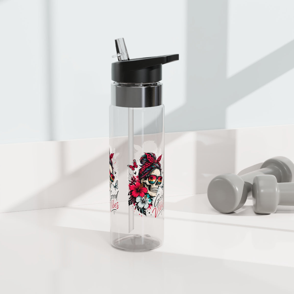 Good Vibes Water Bottle for Women, Tropical Skull Floral Drink Bottle, Retro Beach Lover Gift, Colorful Summer Gift for Her