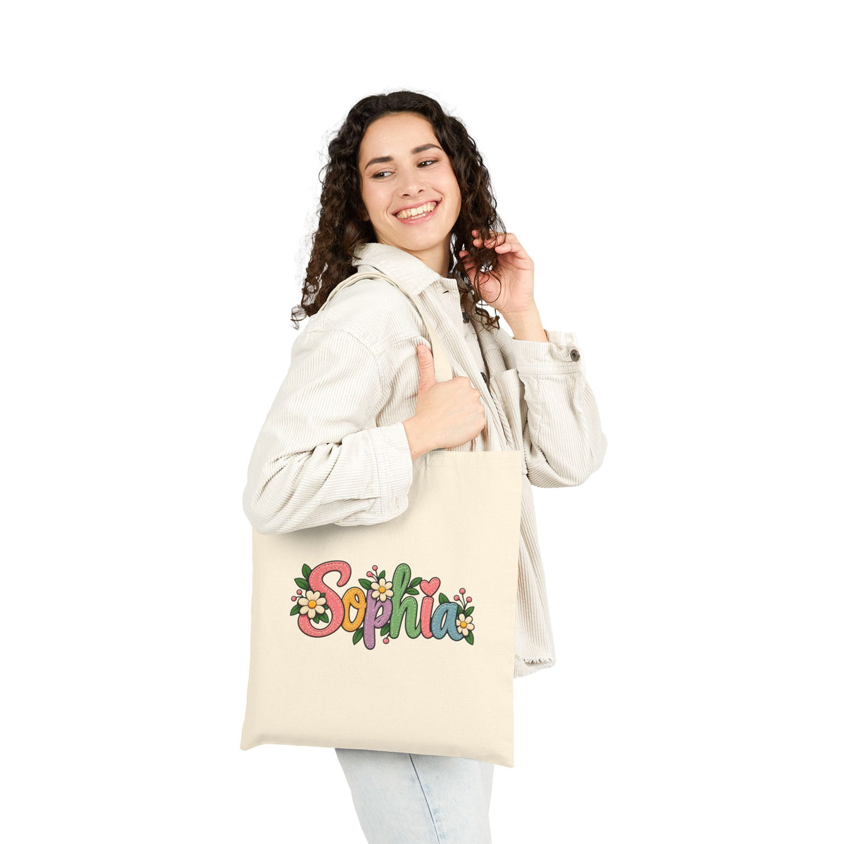 Personalized Name Tote Bag, Natural Cotton Canvas 15x16, Pastel Floral Lettering, Daisy Heart Custom Shopper