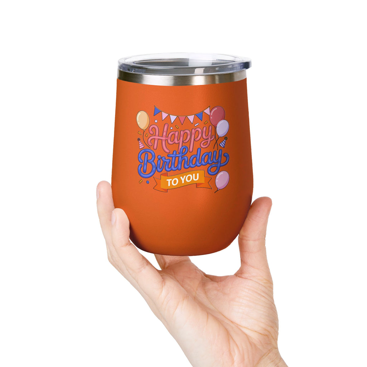 Happy Birthday to You Wine Tumbler, Pink and Blue Balloons with Party Bunting, Colorful Drinkware Gift for a Sister or Best Friend's Party