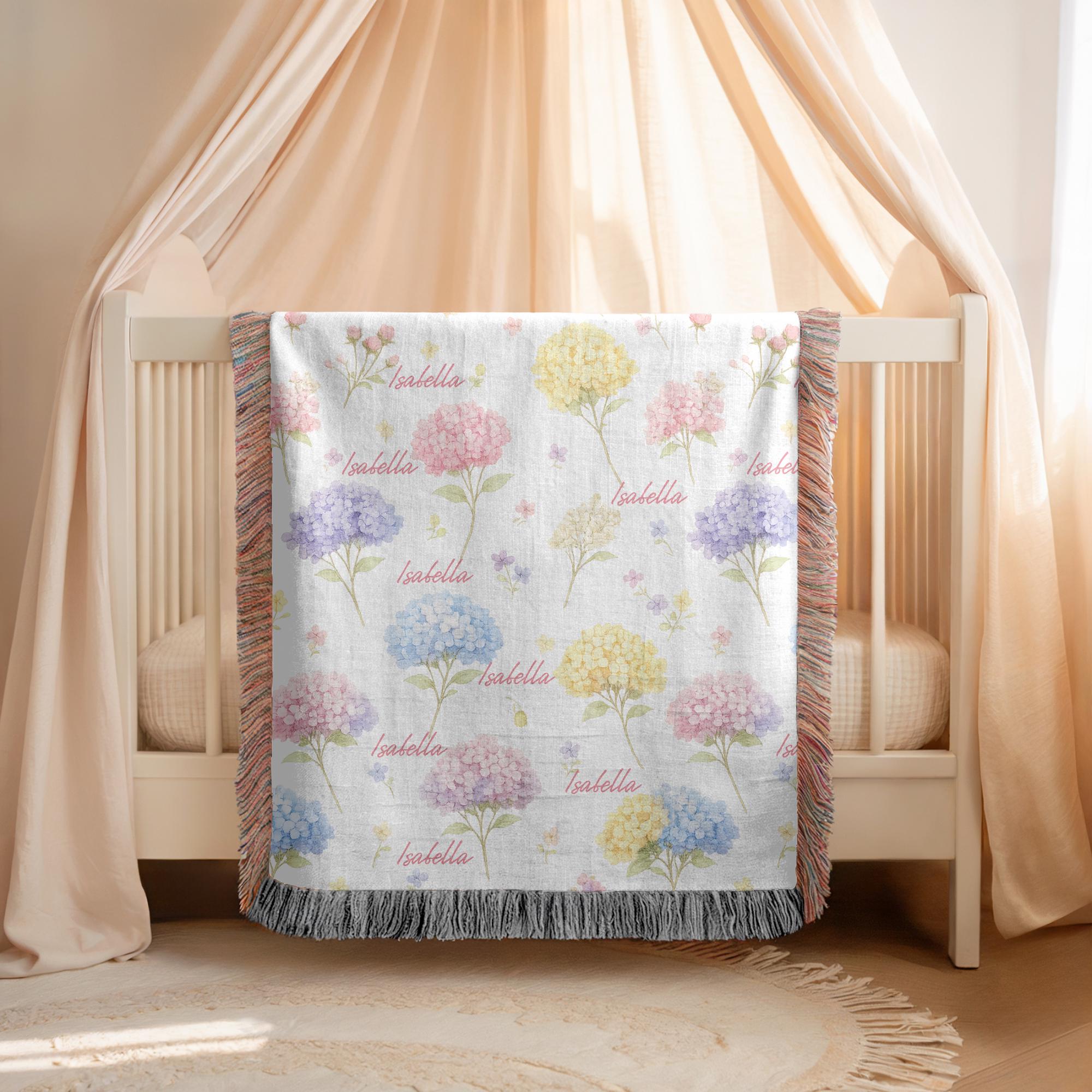 Personalized Hydrangea Floral Woven Blanket Custom Name Baby Blanket Girl Nursery Decor Botanical Throw Baby Shower Gift
