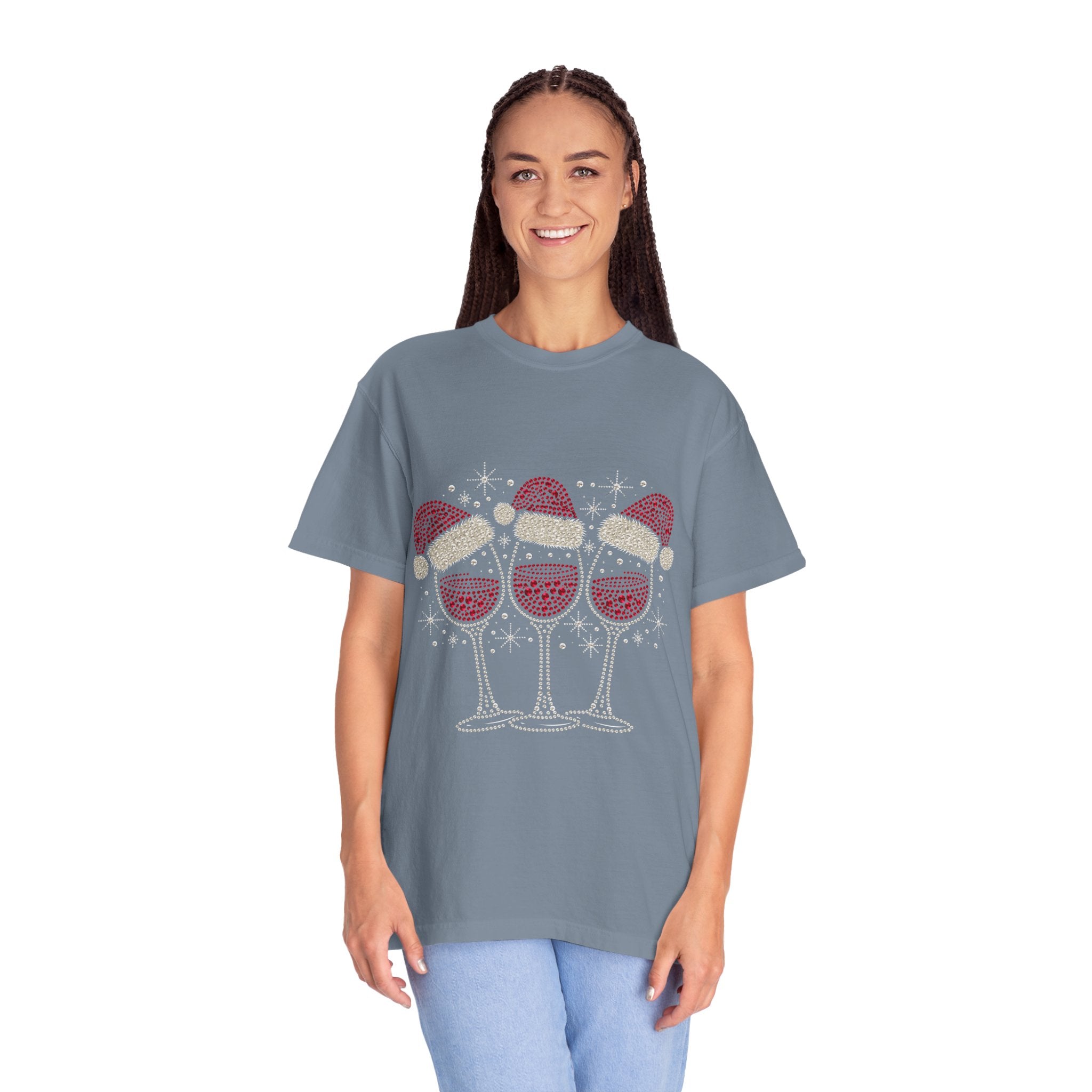 Christmas Wine Glass Shirt, Rhinestone Style Santa Hat T-Shirt, Sparkly Holiday Party Tee, Gift for Wine Lover or Girls Christmas Night