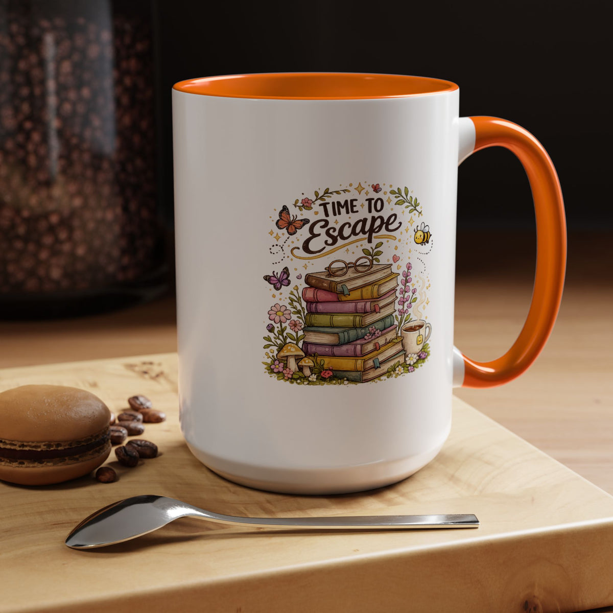 Book Lover Coffee Mug, Time to Escape Black Accent Cup with Books and Tea, Unique Cozy Gift for Reader, Librarian, Teacher or Bookworm