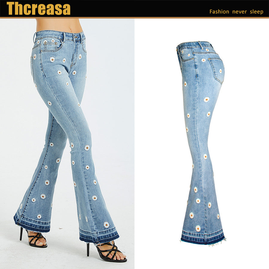 Ladies Denim Wide Leg Pants Embroidered Flared Daisy Jeans Ladies Denim Wide Leg Pants