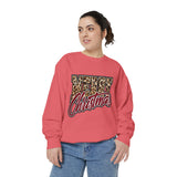 Merry Christmas Leopard Print Sweatshirt, Trendy Holiday Crewneck, Cheetah Lettering Pullover, Festive Gift for Women, Mom or Teacher