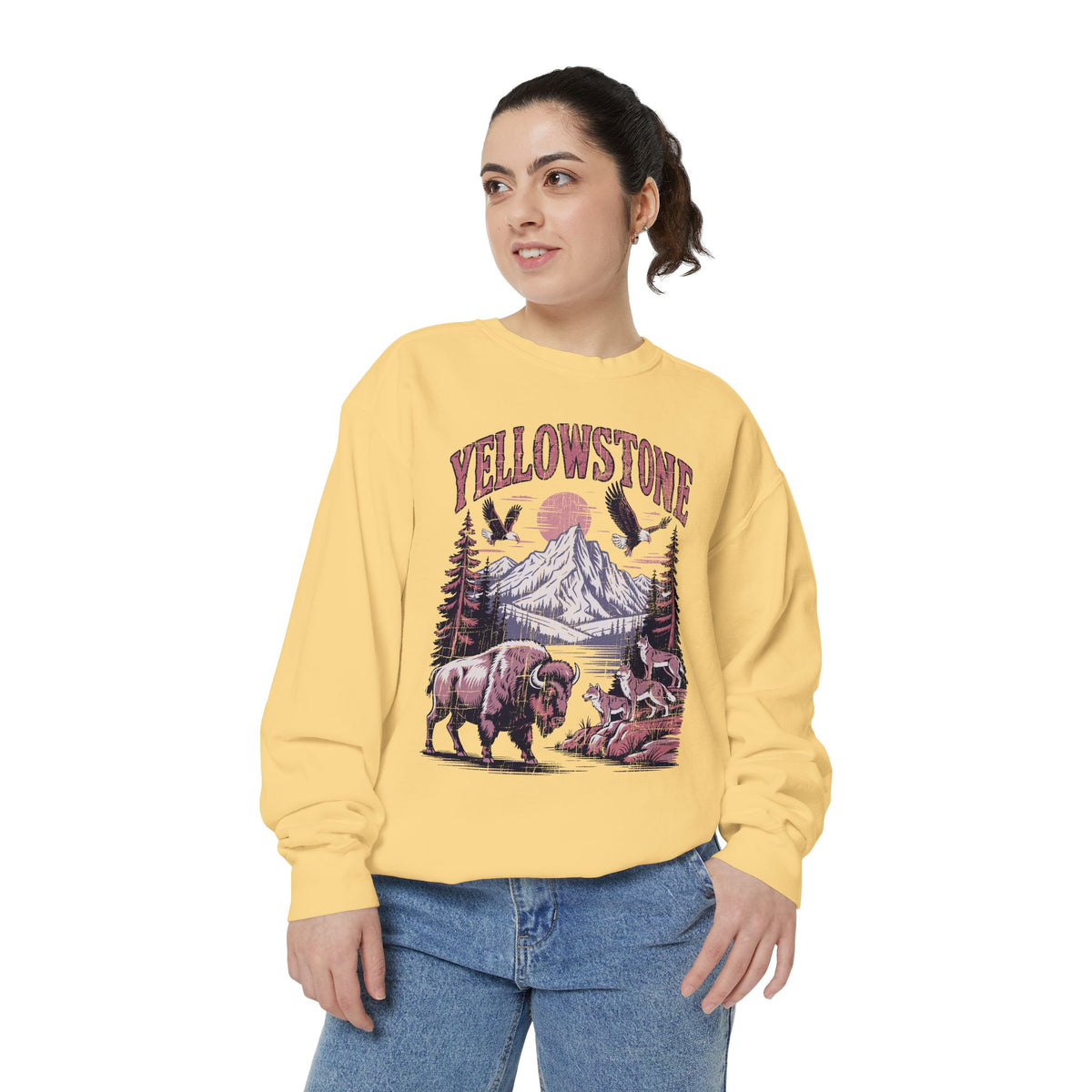 Yellowstone Wildlife Sweatshirt, Bison Wolf Eagle Mountain Crewneck, National Park Lover Gift, Western Nature Graphic Cozy Pullover