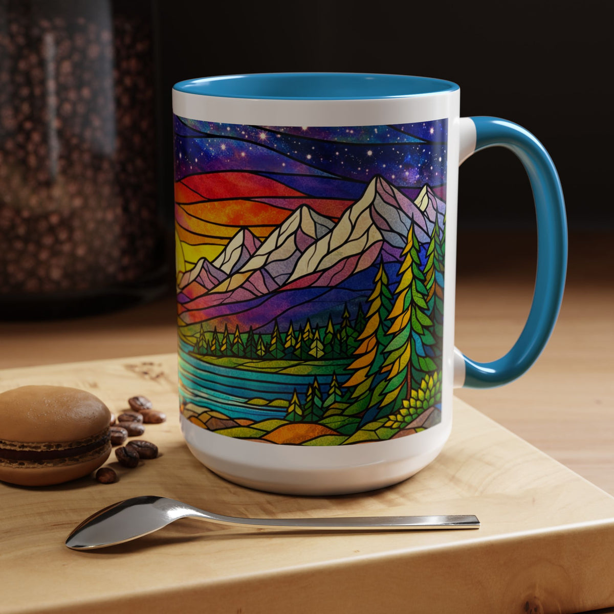 Colorful Sunset Landscape Mug, Stained Glass Nature Coffee Mug, Mountain Lake Art Mug, Outdoor Lover Gift, Scenic Ceramic Cup