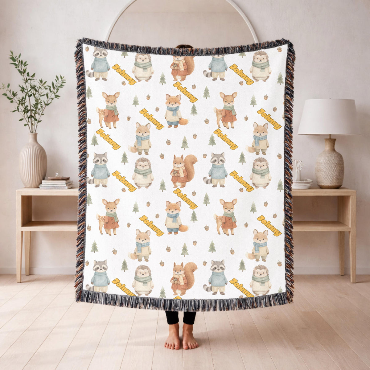 Personalized Woodland Animal Woven Blanket Custom Name Baby Blanket Forest Nursery Decor Fox Deer Bear Baby Shower Gift