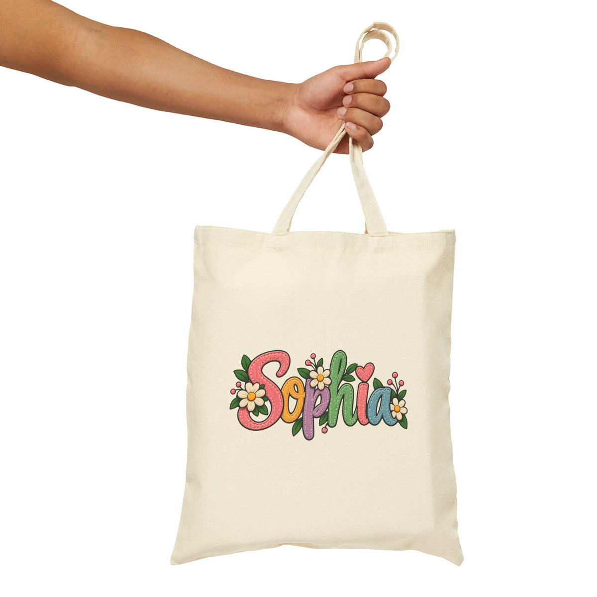 Personalized Name Tote Bag, Natural Cotton Canvas 15x16, Pastel Floral Lettering, Daisy Heart Custom Shopper