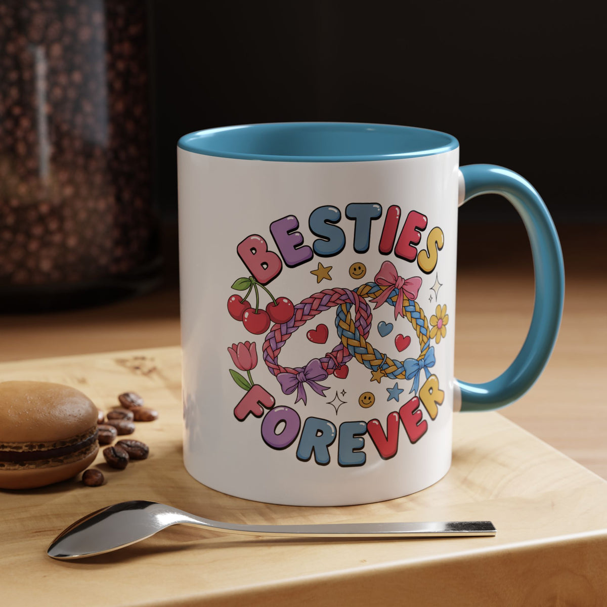 Best Friends Coffee Mug, Besties Forever Friendship Bracelet Design, Colorful Birthday Gift for a Best Friend or Long Distance Coffee Buddy