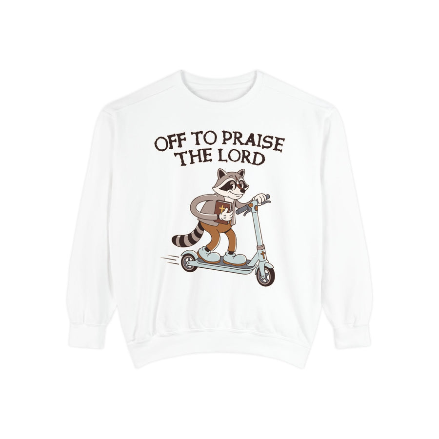 Christian Raccoon Comfort Colors Sweatshirt, Off to Praise the Lord Crewneck, Cute Faith Based Graphic Sweatshirt for Women