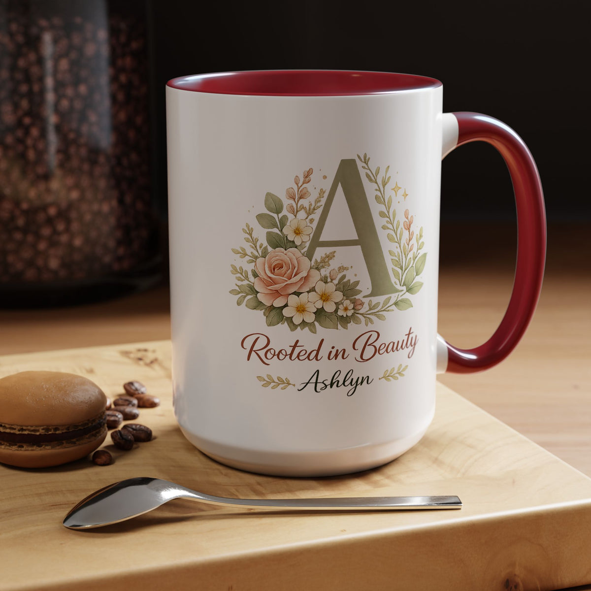 Personalized Floral Initial Mug, Custom Name Coffee Mug with Monogram Letter, Rooted in Beauty Gift for Women, Botanical Birthday Cup