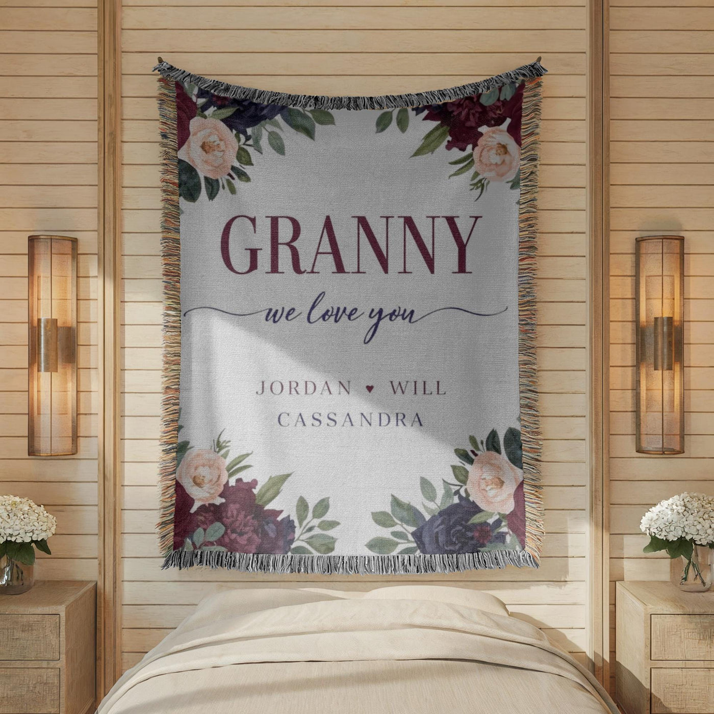 Personalized Granny Gift Woven Blanket Custom Grandmother Blanket Floral Family Name Blanket Mothers Day Gift