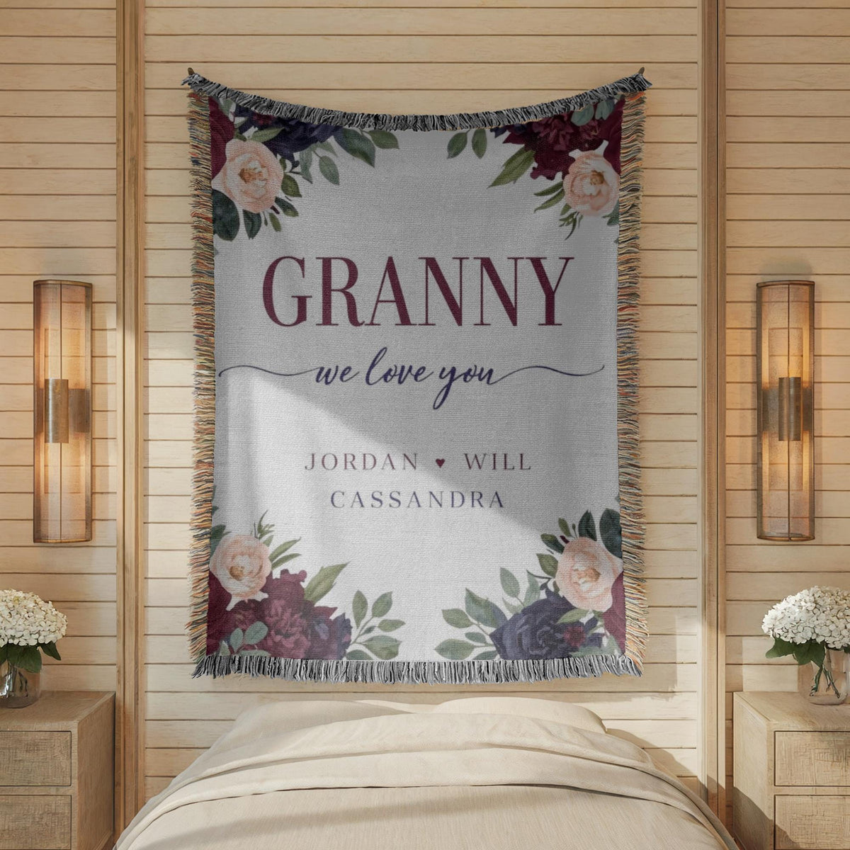 Personalized Granny Gift Woven Blanket Custom Grandmother Blanket Floral Family Name Blanket Mothers Day Gift