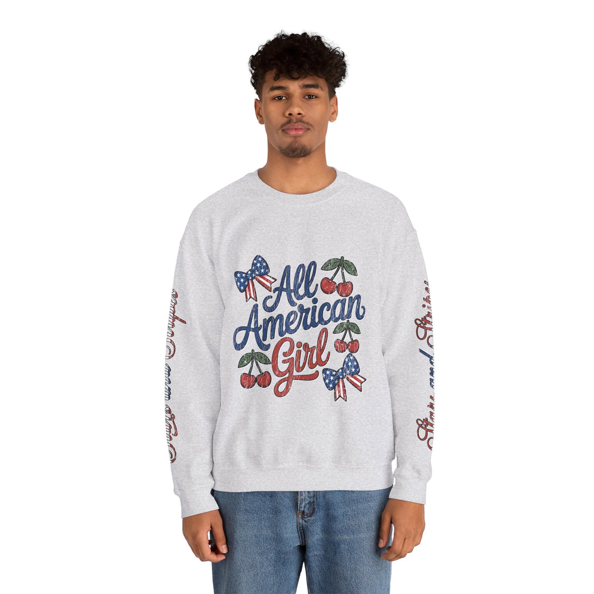 All American Girl Sweatshirt, Patriotic Womens Pullover, USA Flag Cherry Top, Vintage Americana Style, Fourth of July Gift