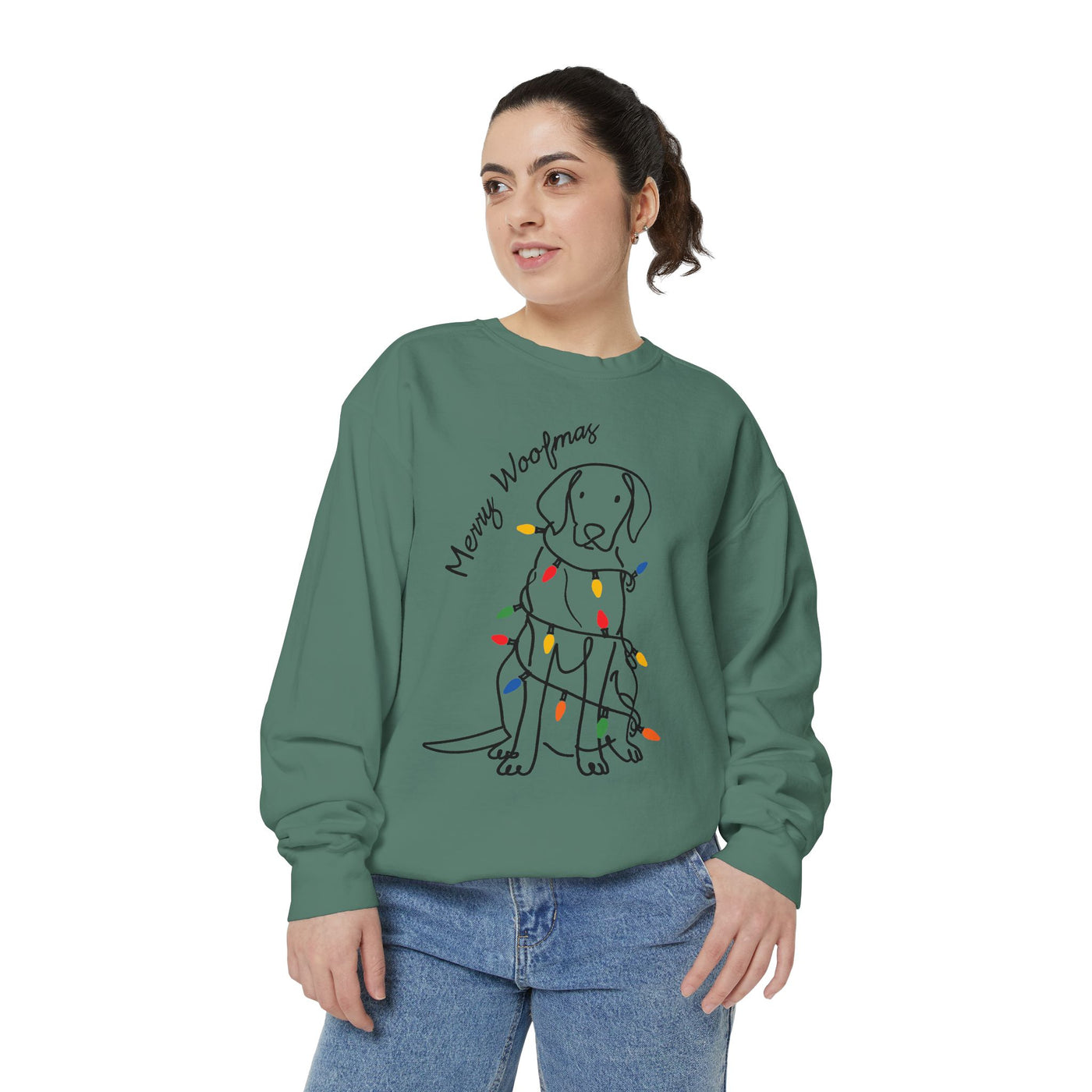 Merry Woofmas Dog Sweatshirt, Funny Christmas Puppy Crewneck, Holiday Lights Pet Lover Pullover, Cute Christmas Gift for Dog Mom or Dog Dad